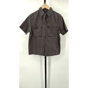 Quince Women Distressed Denim Short Sleeve Shirt Washed Black S